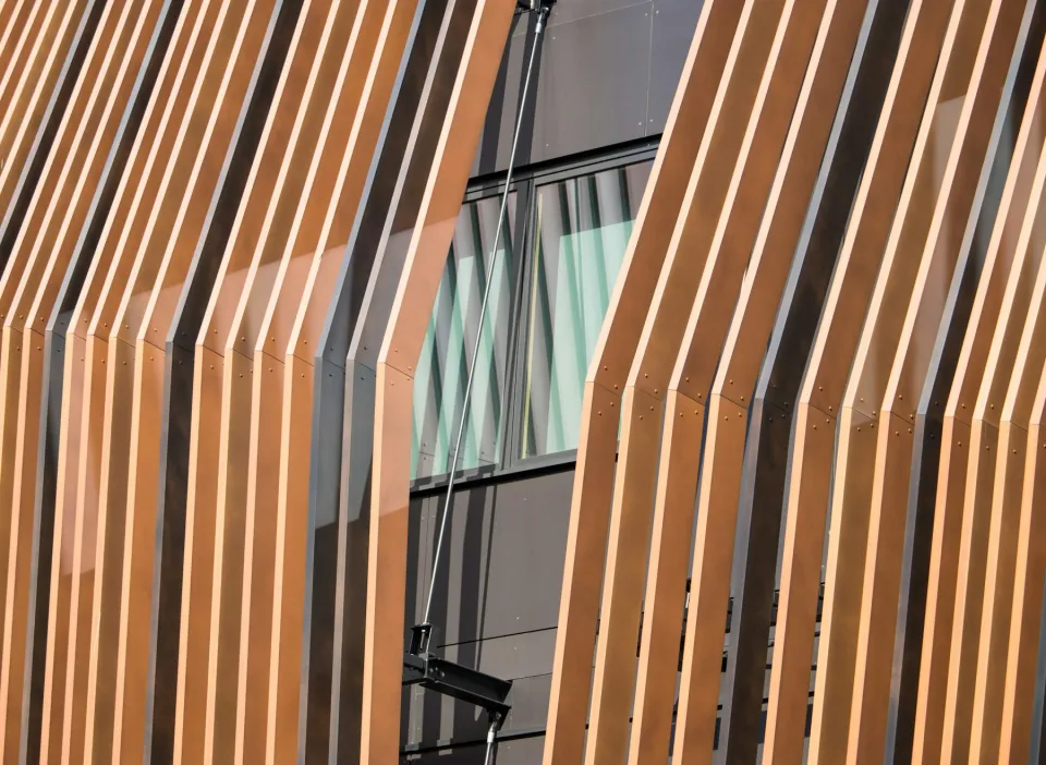 Building facade clad in wooden slats
